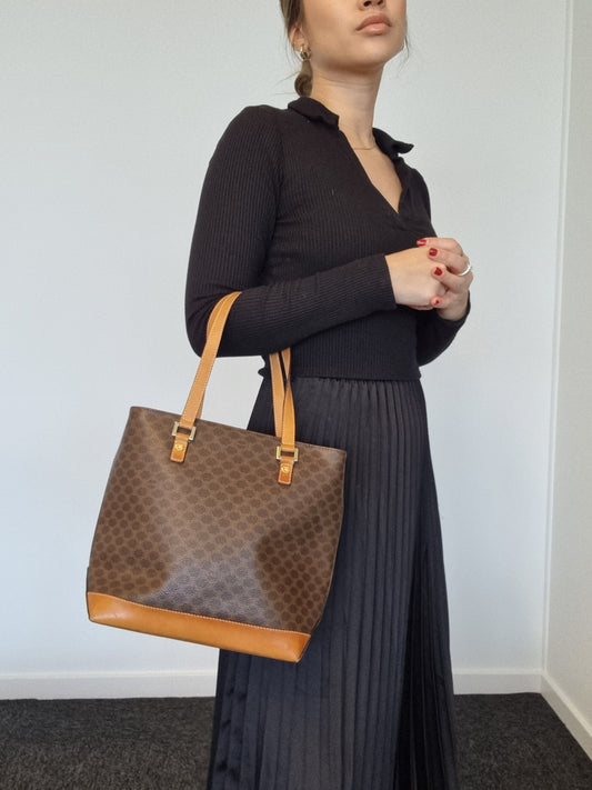 Celine Leather Tote Bag Macadam Pattern Brown