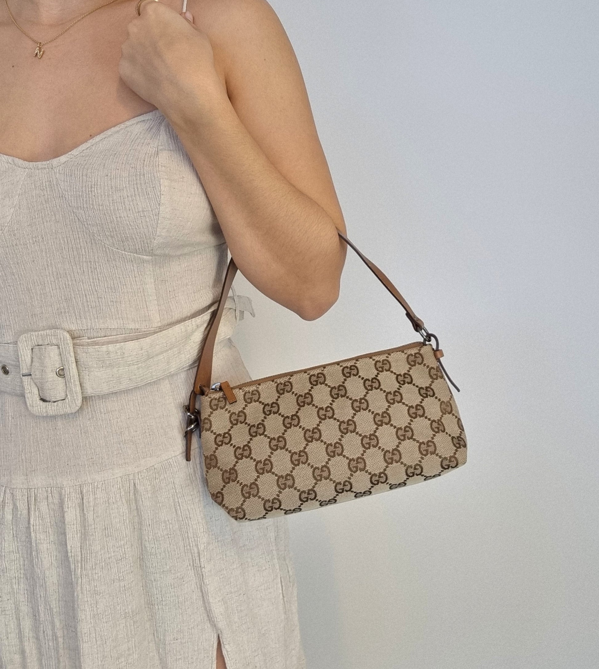 Gucci Gg Canvas Mini Pochette (17793) Beige & Brown Baguette