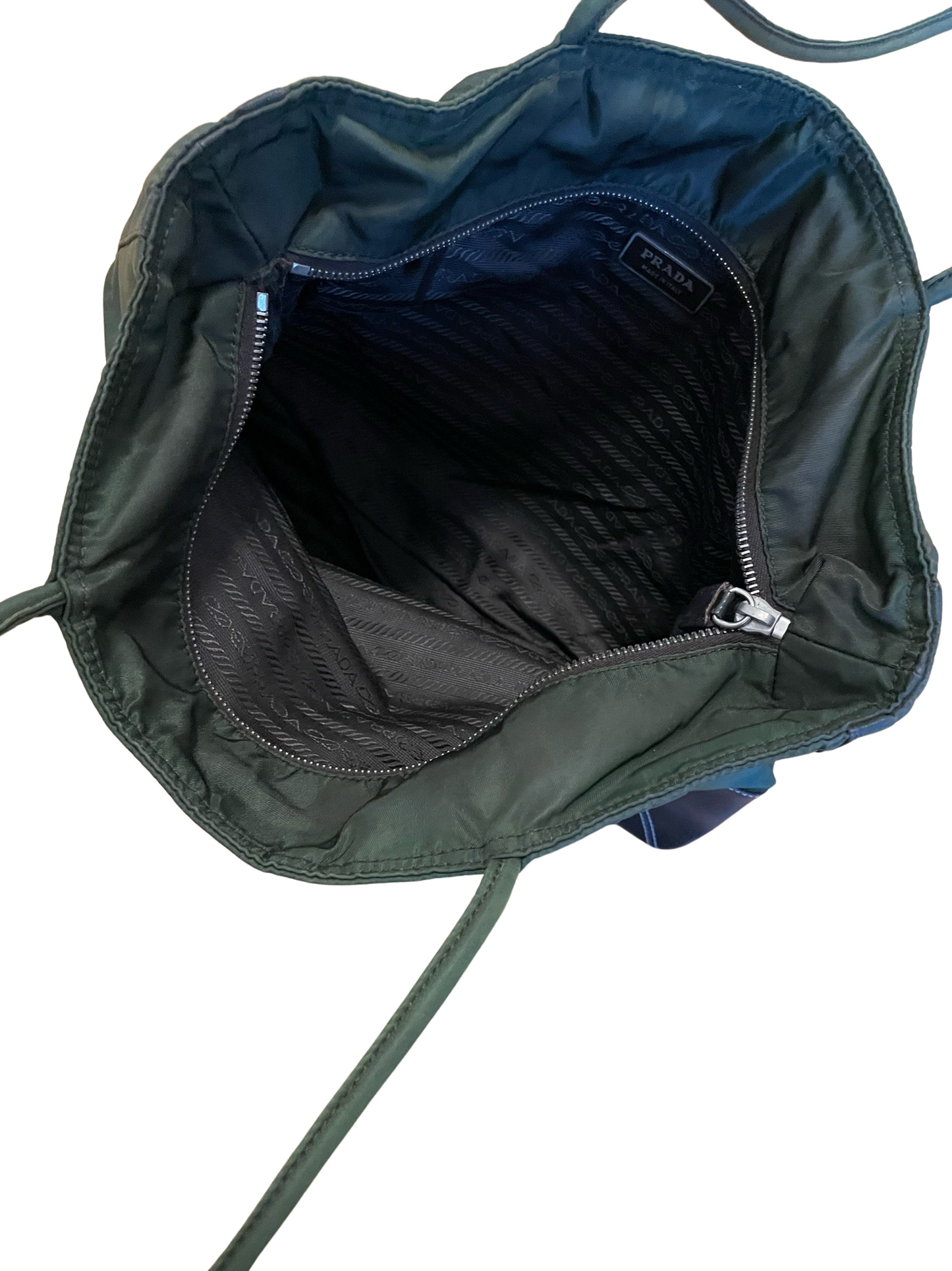 Prada Khaki Nylon with Dark Brown Leather Shoulder Bag